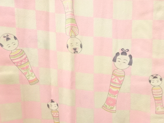 アンティーク　市松にこけし模様単衣長襦袢（刺繍衿付き）
